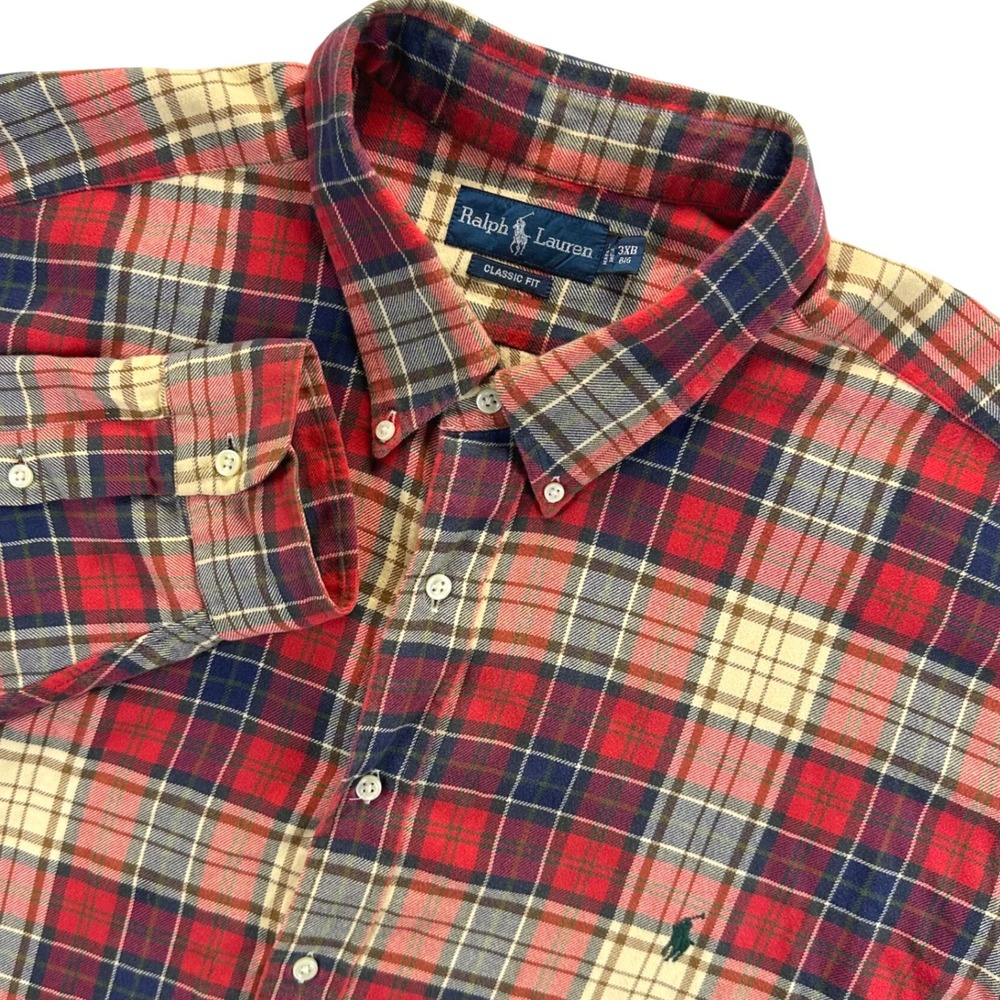 Ralph Lauren Mens 3XB Big Classic Fit Plaid Flannel Button Down Shirt Red Navy